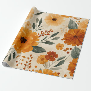 Papier Cadeau Tangerine Terracotta Floral Botanique Vintage