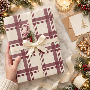 Papier Cadeau Tartan à carreaux crème Bourgogne Noël