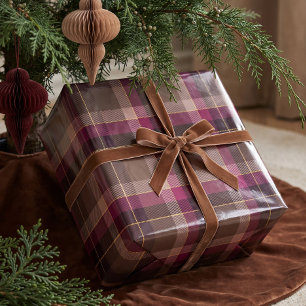 Papier Cadeau Tartan à carreaux de Noël brun prune classique