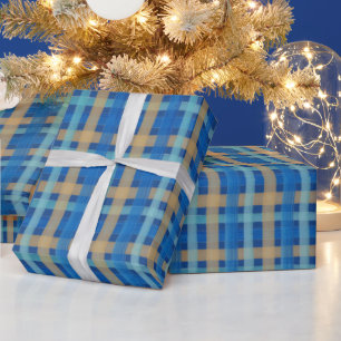 Papier Cadeau Tartan aquarelle peint à la main en bleu et orange