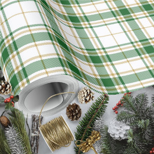 Papier Cadeau Tartan - Blanc-Vert-Caramel Or