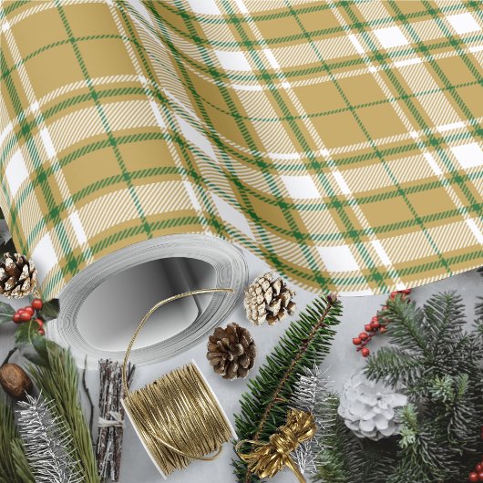 Papier Cadeau Tartan - Caramel Or-Blanc-Vert
