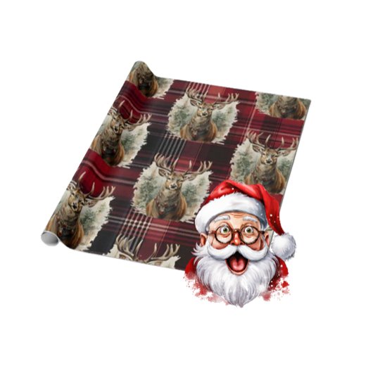 Papier Cadeau Tartan écossais de Noël rouge foncé renne