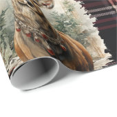 Papier Cadeau Tartan écossais de Noël rouge foncé renne (Coin rond)