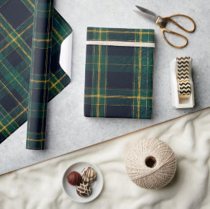 Papier Cadeau Tartan Luxe Émeraude, Nuit et Or Élégant