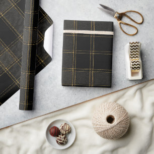 Papier Cadeau Tartan Noir & Or Luxueux Carreaux Élégants