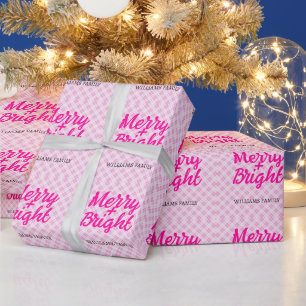 Papier Cadeau Tartan rose Noël Joyeux Nom de famille