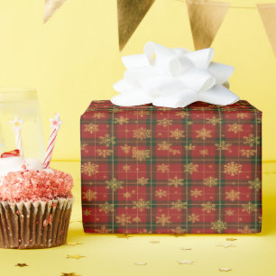 Papier Cadeau Tartan Rouge Classique avec Flocons Dorés
