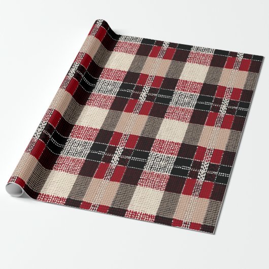 Papier Cadeau Tartan rouge classique et noir - Rustique tissé (Déroulé)
