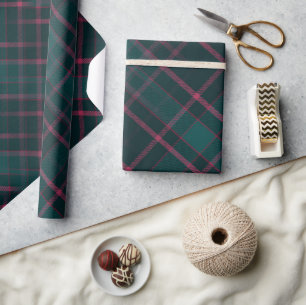 Papier Cadeau Tartan vert et rose   Noël Plaid moderne