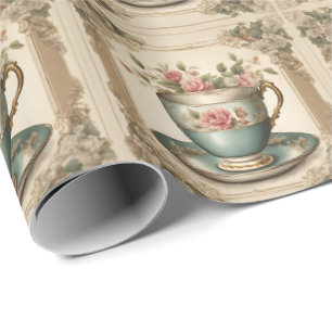 Papier Cadeau Tasse à thé florale vintage de style campagnard fr