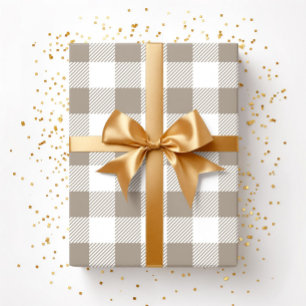 Papier Cadeau Taupe Beige Blanc Plaid Motif