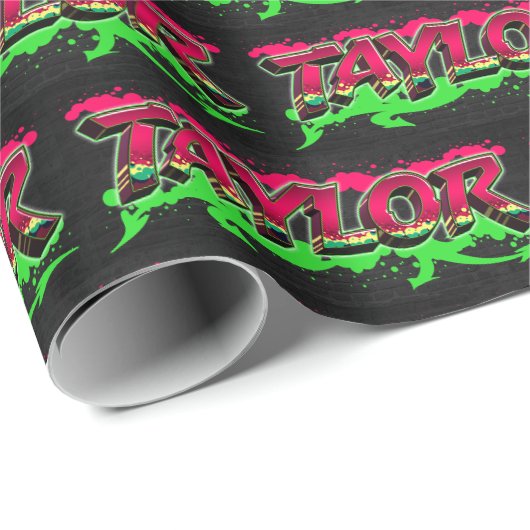 Papier Cadeau Taylor prénom nom Graffiti rouge vert (Coin rond)