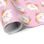 Papier Cadeau Tea Party Baby shower Teapot rose fille Merci (Coin rond)