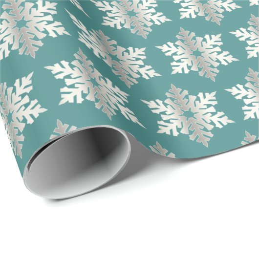 Papier Cadeau Teal et flocons de neige argentés (Coin rond)