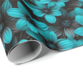 Papier Cadeau Teal Floral Wrapping Paper on Black (Coin rond)