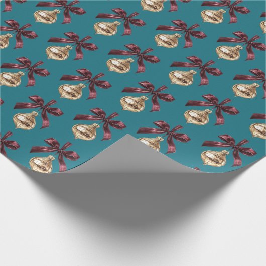 Papier Cadeau Teal Green Burgundy Bow Gold Ornament Christmas (Coin)