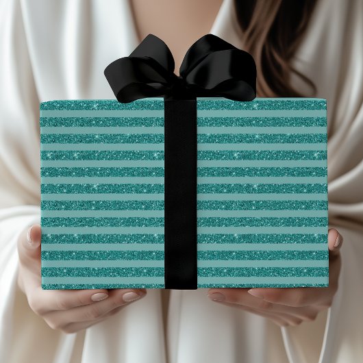 Papier Cadeau Teal Green Glitter Style Horizontal Stripes
