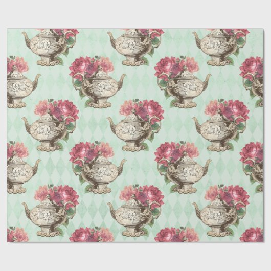 Papier Cadeau Teapots vintages et Roses (Plat)