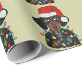 Papier Cadeau Teckel Père Noël embrouillé dans des lumières de (Coin rond)