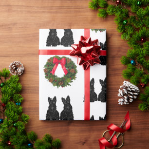 Papier Cadeau Teckels écossais avec Couronne de Noël
