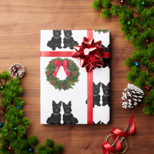 Papier Cadeau Teckels écossais avec Couronne de Noël