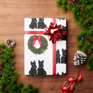 Papier Cadeau Teckels écossais avec Couronne de Noël