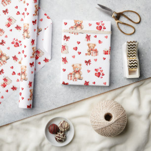 Papier Cadeau Teddies Saint Valentin mignonnes aux Coeurs rouges