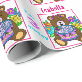 Papier Cadeau Teddy Bear Anniversaire Nom du gâteau Age rose (Coin rond)