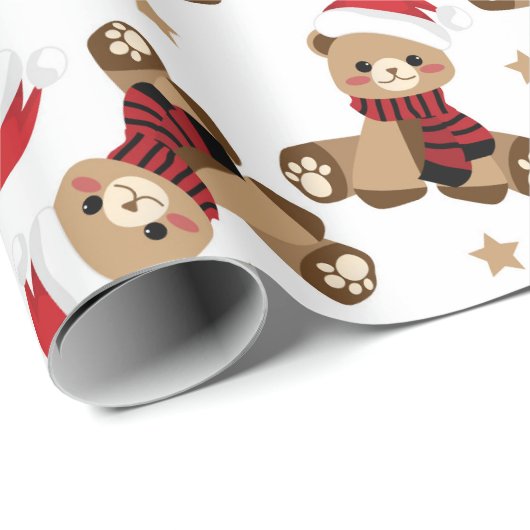 Papier Cadeau Teddy Bear avec le Père Noël Casquette Motif vacan (Coin rond)