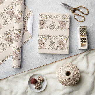 Papier Cadeau Teddy Bear Girl Floral Greenery Baby shower