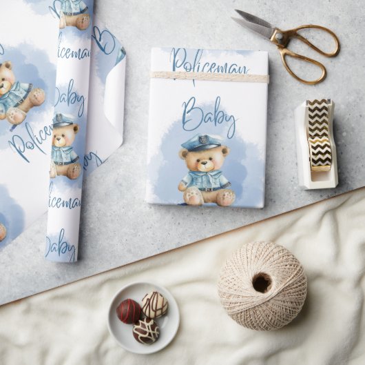 Papier Cadeau Teddy Bear Policeman Boy Baby shower bleu (Artisanat)