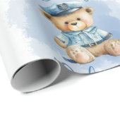 Papier Cadeau Teddy Bear Policeman Boy Baby shower bleu (Coin rond)