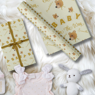 Papier Cadeau Teddy Bear With Gold Cream Text Baby Shower