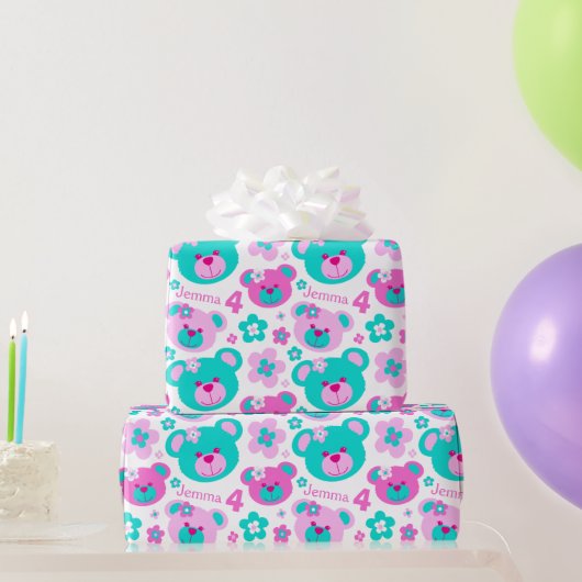 Papier Cadeau Teddy ours fleurs 4e anniversaire nom papier cadea (Cadeaux de fête)