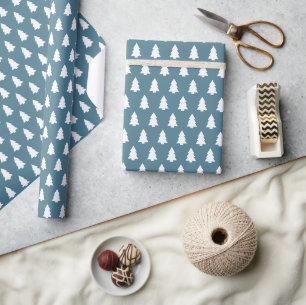 Papier Cadeau Tempête Festive Bleu Blanc Arbre de Noël motif
