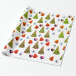 Papier Cadeau Temps de Christmas<br><div class="desc">Vacances d'hiver design chaleureux avec arbre de vacances vert,  jouets décoratifs,  cône de pin et flocons de neige.Couleur arrière - plan personnalisée.</div>