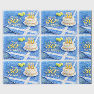 Papier Cadeau Tennis 30e anniversaire avec gâteau et balle sur l
