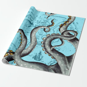 Papier Cadeau Tentacles Gris Sur Une Carte Vintage Bleue