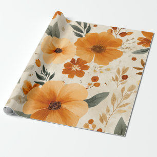 Papier Cadeau Terracotta Orange Floral Botanique Vintage