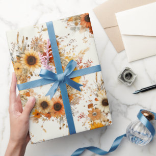Papier Cadeau Terre cuite et fleurs blanches Botanique Boho Exot