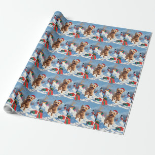 Papier Cadeau Terrier Wheaten courant dans la neige avec un chap