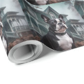 Papier Cadeau Terror Halloween Terrier de Boston (Coin rond)