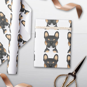 Papier Cadeau Tête de Bouledogue Français Tricolore Noir Motif