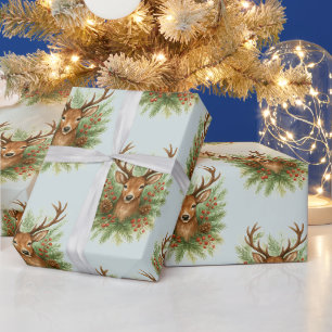 Papier Cadeau Tête de cerf de la forêt rustique avec feuillage d