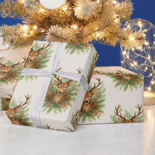 Papier Cadeau Tête de cerf de la forêt rustique avec feuillage d