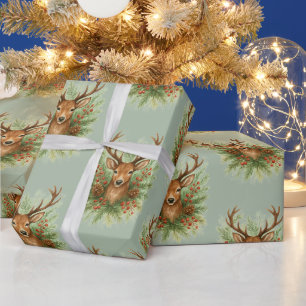 Papier Cadeau Tête de cerf de la forêt rustique avec feuillage d