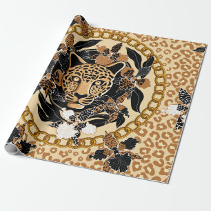 Papier Cadeau tête de léopard entourée d'orchidées, chaîne d'or