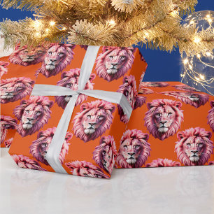 Papier Cadeau Tête de lion rose motif animal design orange