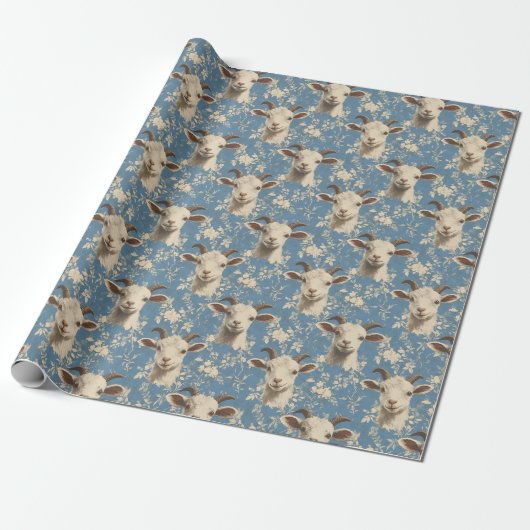 Papier Cadeau Têtes de chèvre et fleurs sur bleu (Déroulé)